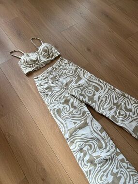 Neutral Swirl Print High-Waist Wide Leg Pant Set